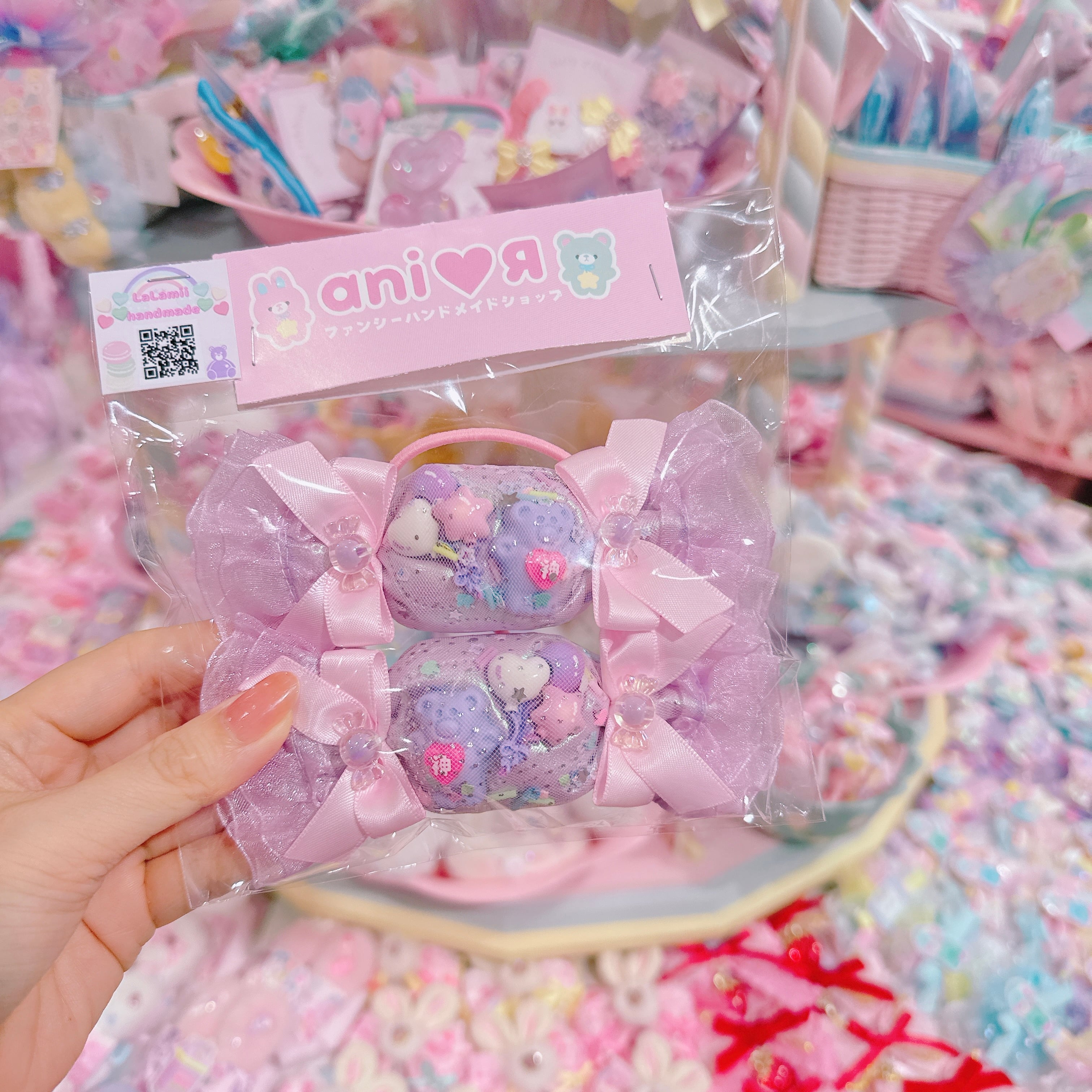 【E3】102-2サテンBig candyリボンツインヘアゴム