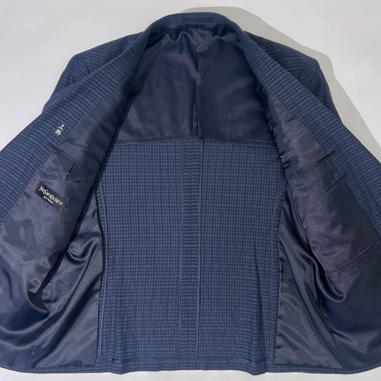 90s シルク100% YVES SAINT LAURENT イヴサンローラン シングル テーラードジャケット /ネイビー メンズ 背抜き ビンテージ