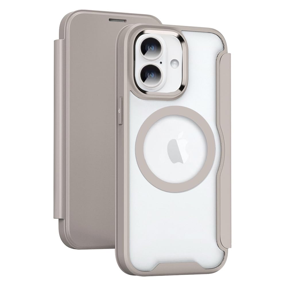 YUYIB ケース 対応 iPhone 16 ケース 手帳型 MagSafe対応 背面 クリア 透明 高級なPUレザー+PCパネル+TPUバンパー マグネット開閉 衝撃吸収 軽量薄型 ブランド スマホケース アイフォン16 手帳型 ケース (カーキ, iPhone 16)