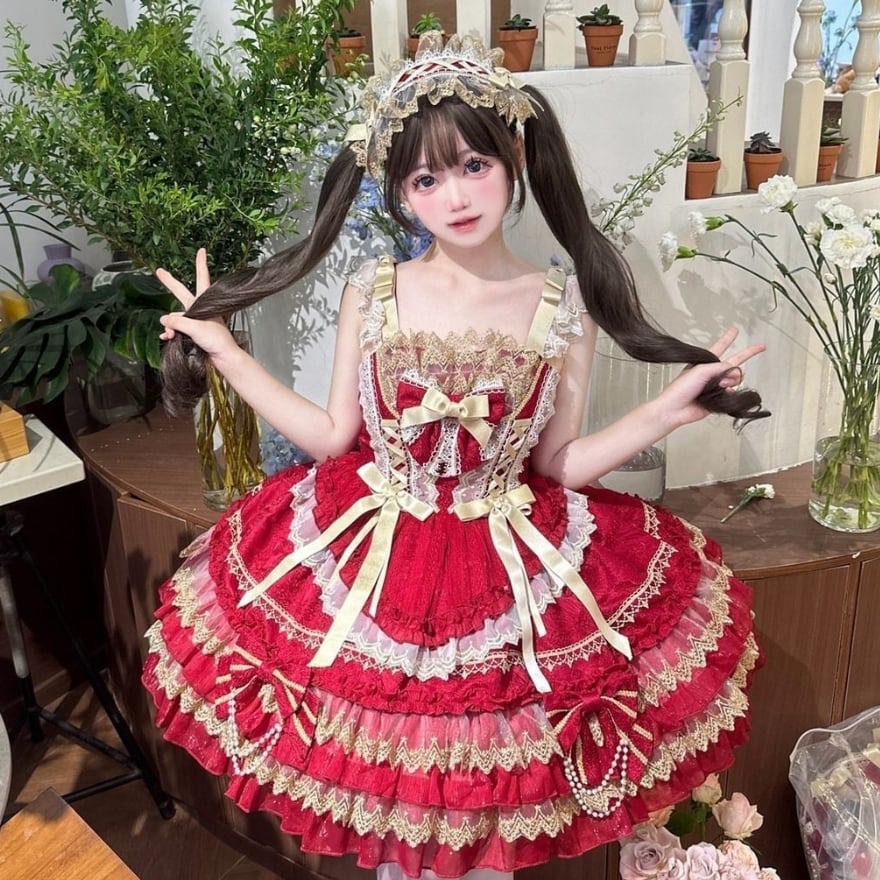 クラロリ 宮廷風ドレス ロイヤルレッド×ゴールド刺繍 5色展開｜WithU