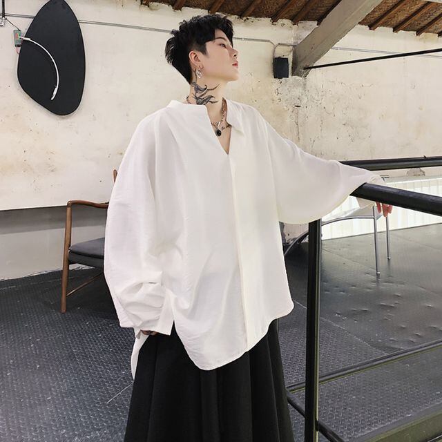 【予約販売】シャツ 長袖 メンズ オーバーサイズ ブラック ホワイト シック こなれ感 お洒落 エレガント 韓国 トレンド 春