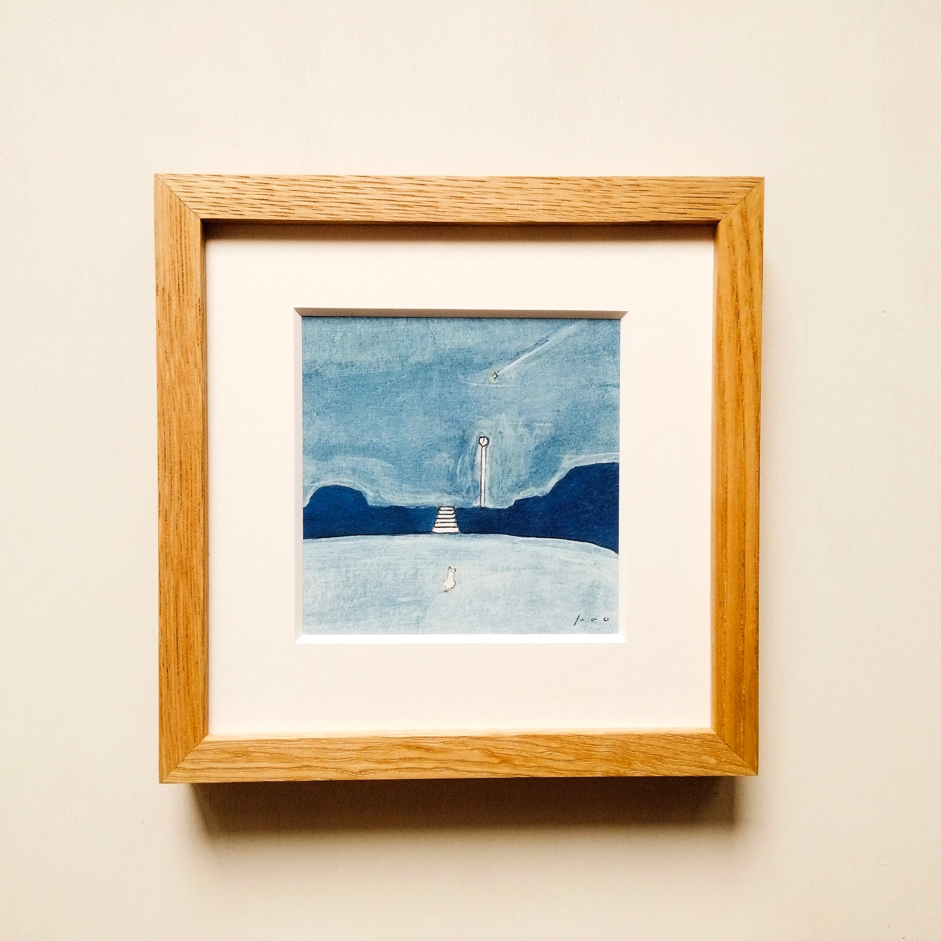 イラスト 原画「雨の日」※18角額縁入り(18×18㎝フレーム） | 絵と額縁