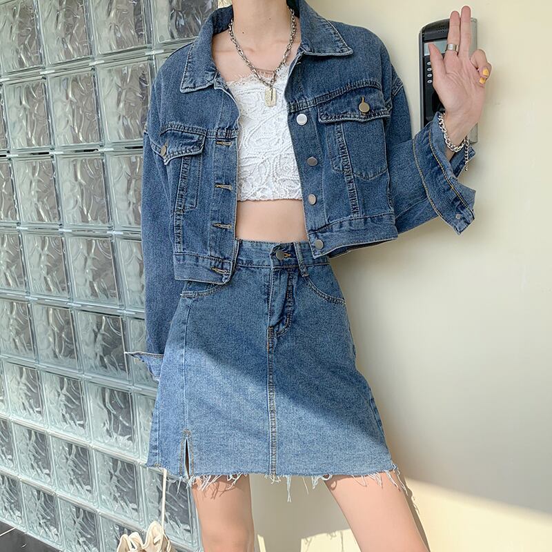 レディースサマースタイルショートジャケット ハイウェストウェストAラインスカート 夏物 YY-ファッション49823504071