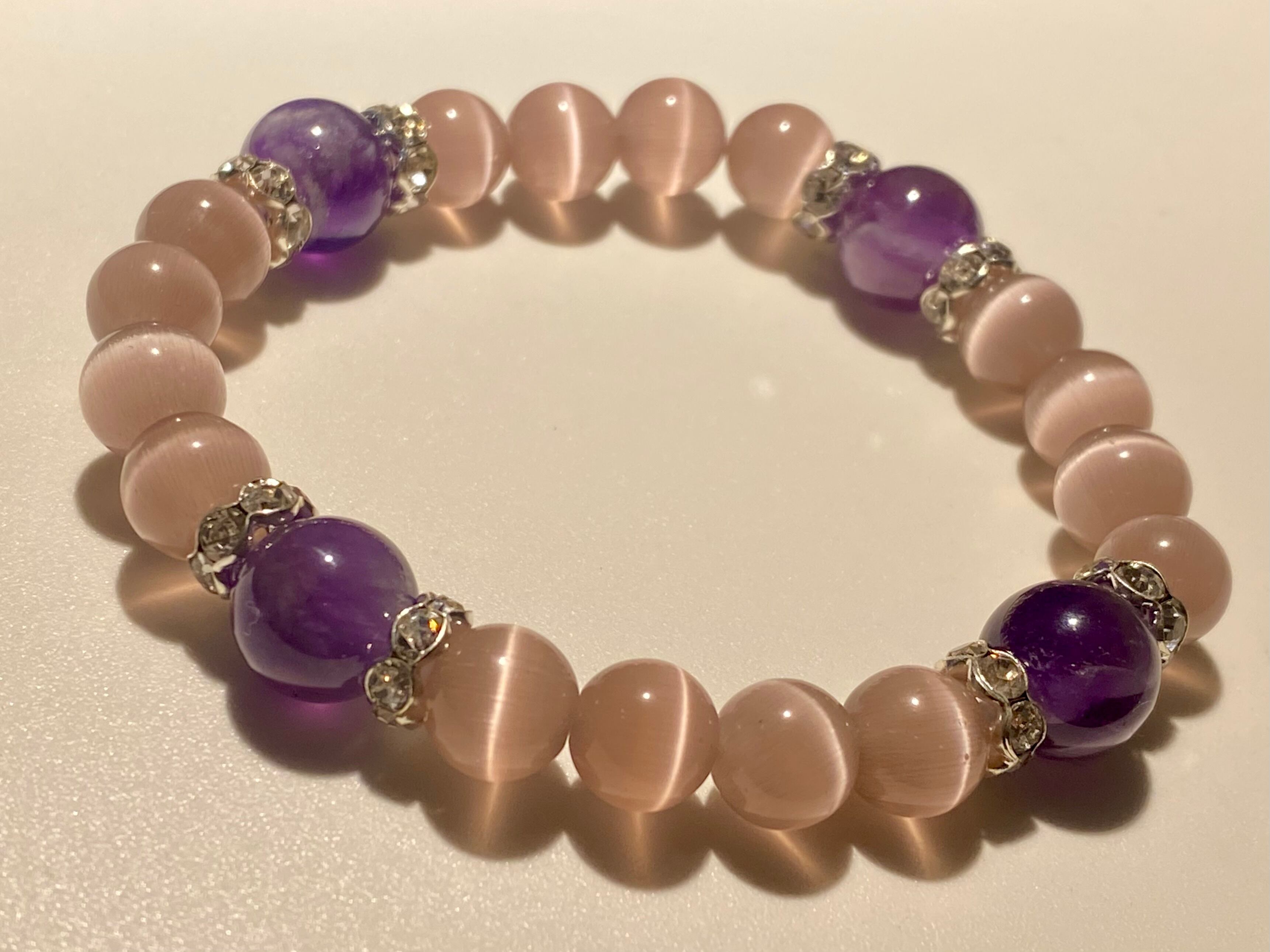 アメジストとキャットアイの天然石ブレスレット クンツァイトキャッツ