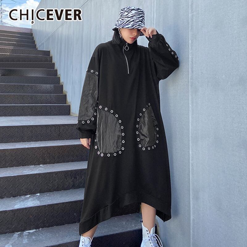 CHICEVERルーズパッチワークドレス女性スタンドカラーランタンスリーブブラックストリートウェアドレス服2020秋 オータム 秋物 6base597896008493
