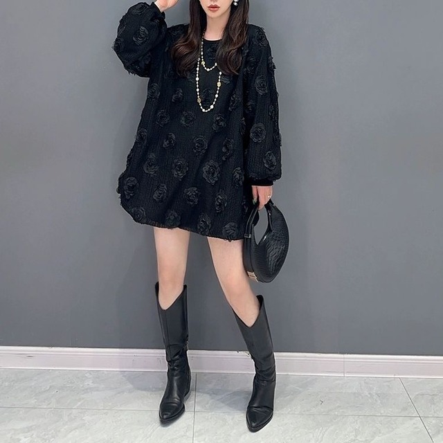 3D FLOWER BLACK ROUND NECK LONG SLEEVES MINI DRESS 1color M-8847