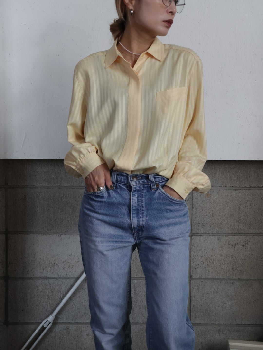 〈vintage〉yellow sheer stripe shirt