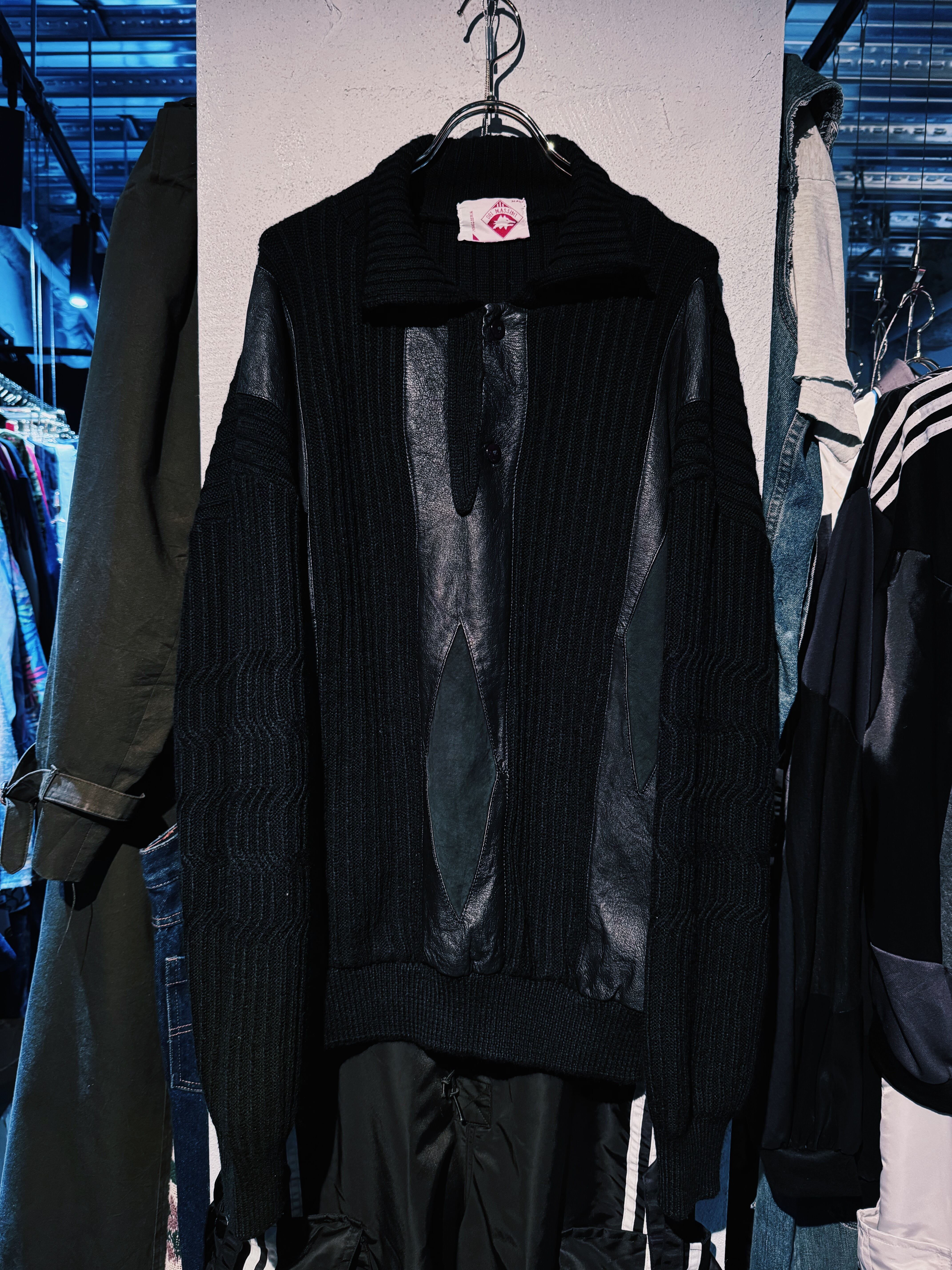 【D4C】90's vintage leather switching design knit 2 botao shirt