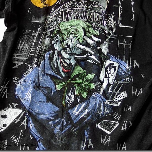 半袖 Tシャツ カットソー トップス メンズファッション 大人気 アメコミ バットマンシリーズ 悪役 ジョーカー 迫力ある ハードウォッシュ加工 プリントtシャツ 色落ちしたボディ コミックス調 激シブ Joker プリント 銀箔プリント キラキラ光る 色落ちさせたボディ