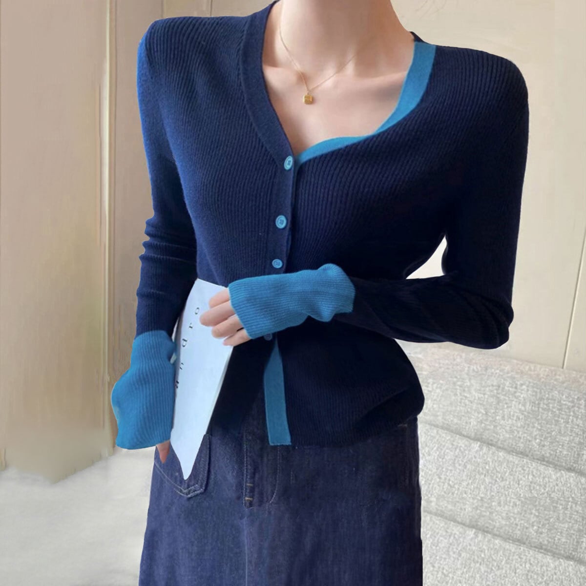 ニットカーディガン バイカラー 長袖 レディース 秋冬 韓国 レイヤード おしゃれ 大人 かわいい きれいめ 羽織り 重ね着 リブニット カジュアル 大人可愛い 大人女子