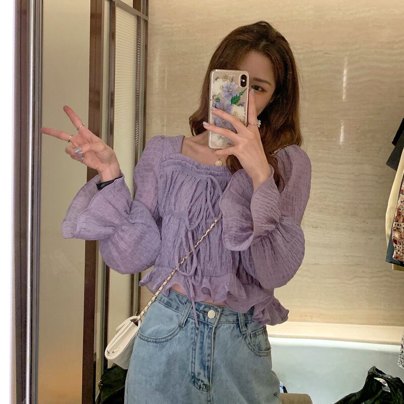 シャツ スプリングスタイルルーズカラーショートトップス 春物 パープル スクウェア 試着室20297693911