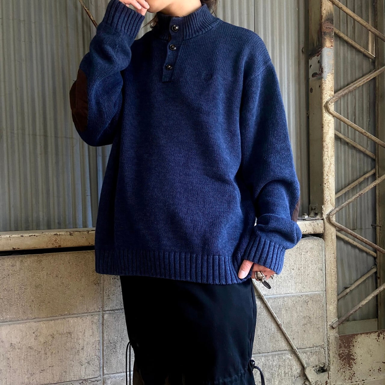 ビッグサイズ Chaps ハーフボタン エルボーパッチ コットンニットセーター メンズxxl 古着 チャップス ネイビー 紺色 ニットセーター Al2110 Cave 古着屋 公式 古着通販サイト
