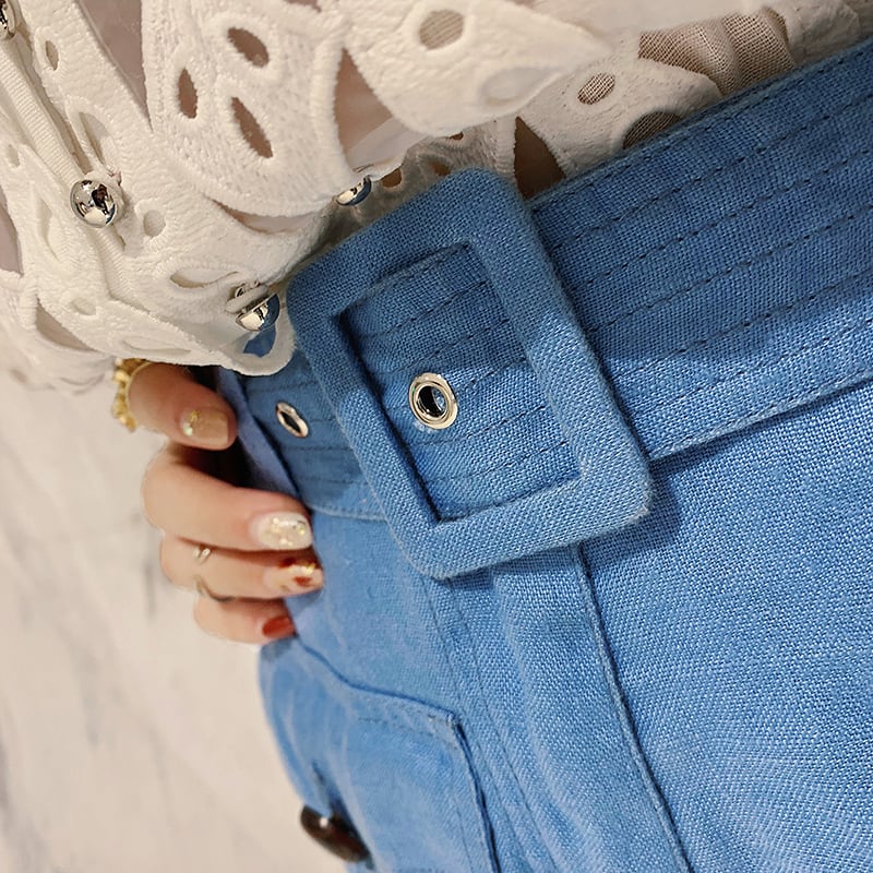 ♥ ベルトポケットショートパンツ ピンク色 ユリ花柄 ブルー