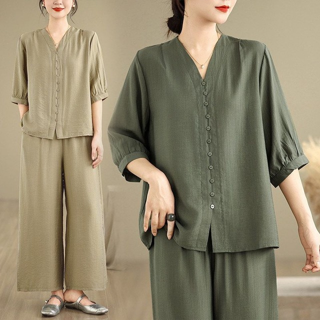 V-NECK HALF SHIRT AND WIDE LEG PANTS SETUP M-17678
