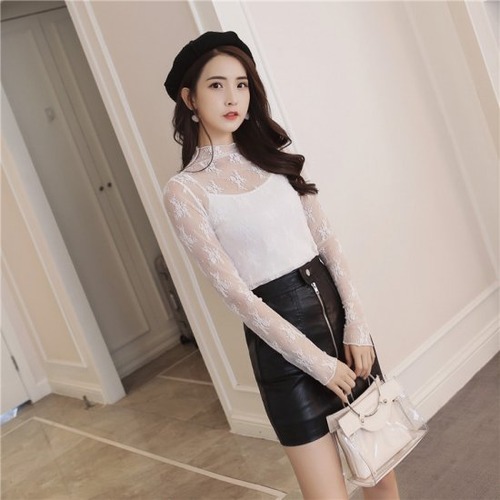 シャツ 長袖 レディース 刺繍 レース シースルー ハイネック トップス 薄手 春 秋 ワンサイズ ホワイト グレー ブラック アプリコット ブラウン きれい おしゃれ 通勤 通学 デート