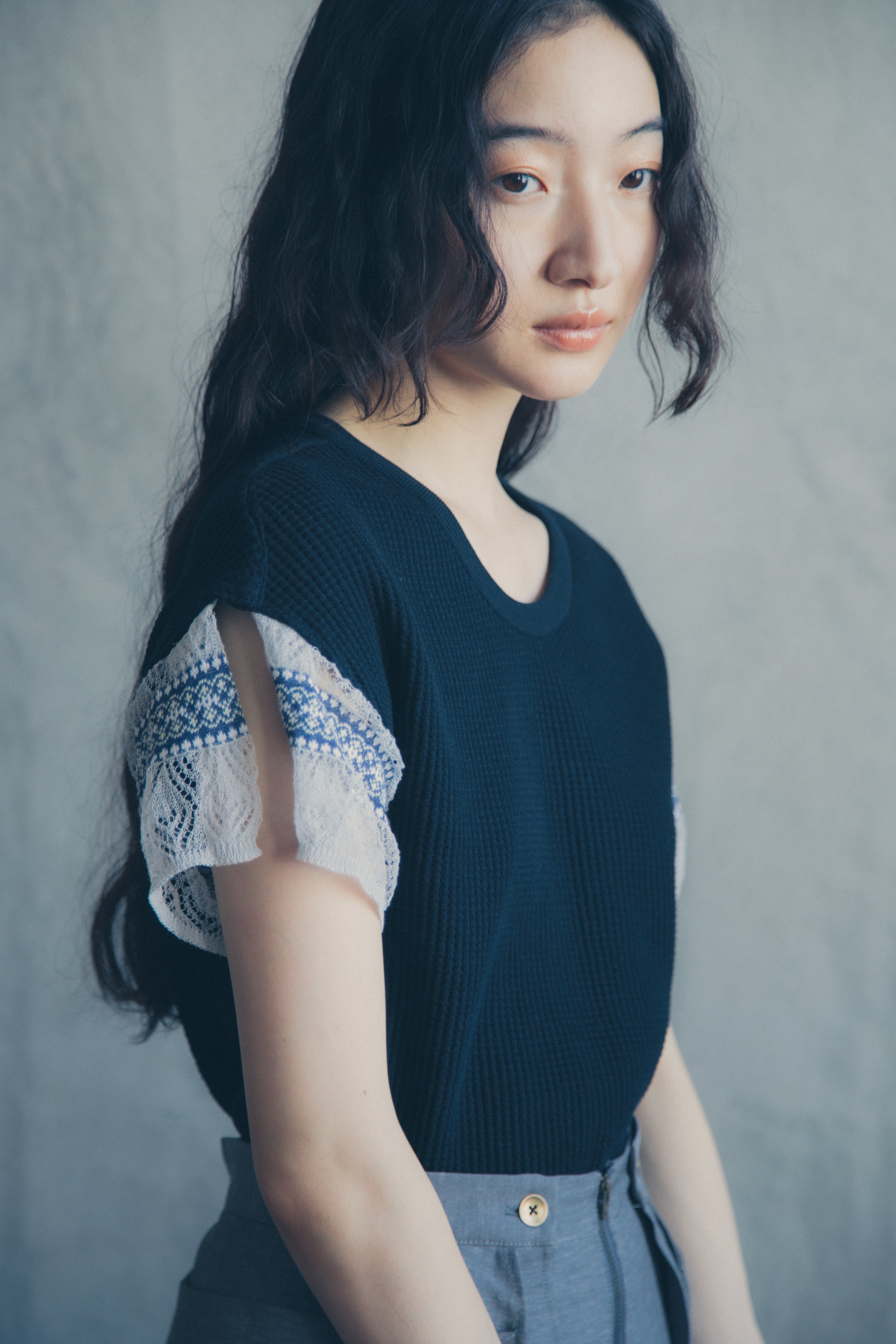 【受注】Docking sleeves Waffle top - BLACK/WHITE