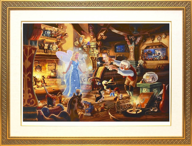 ディズニー絵画 トーマス キンケード「ピノキオ/ゼペットのピノキオ」 作品証明書・展示用フック付ジークレ