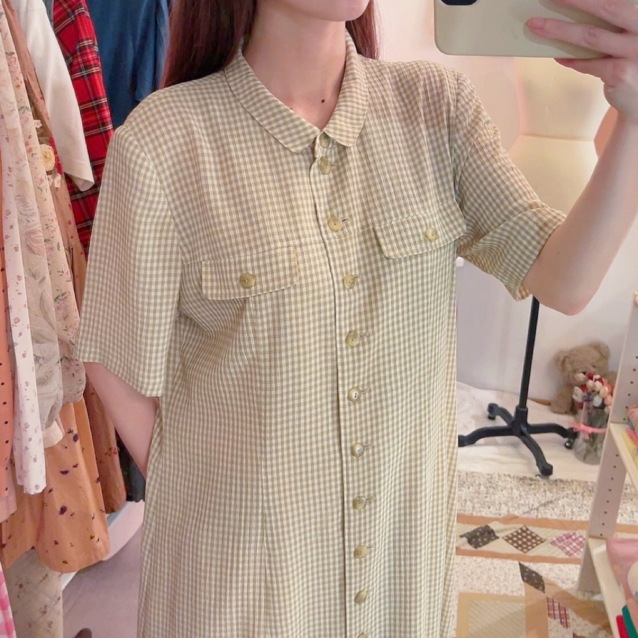 green gingham check one-piece