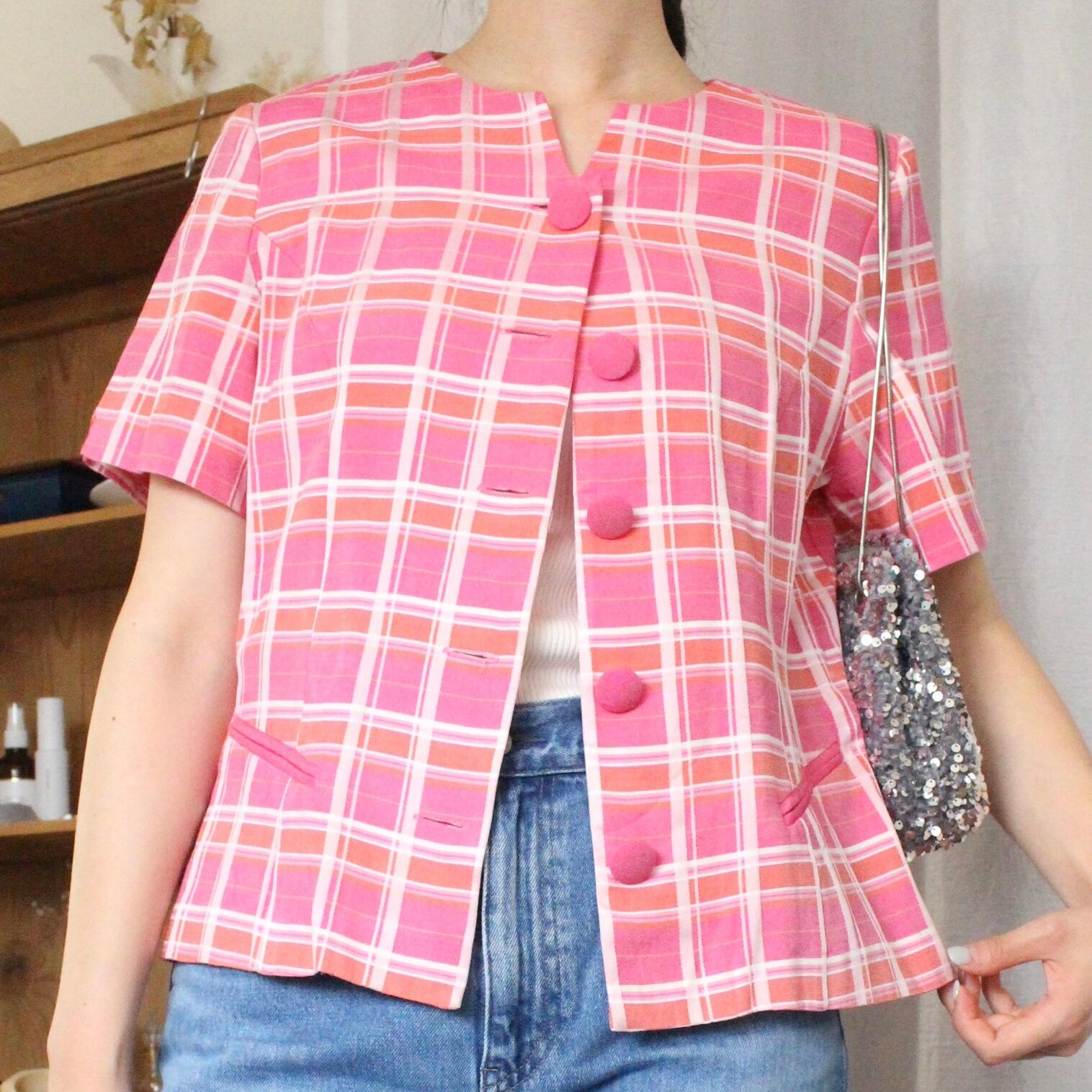 レトロチェックブラウス ピンク【】
