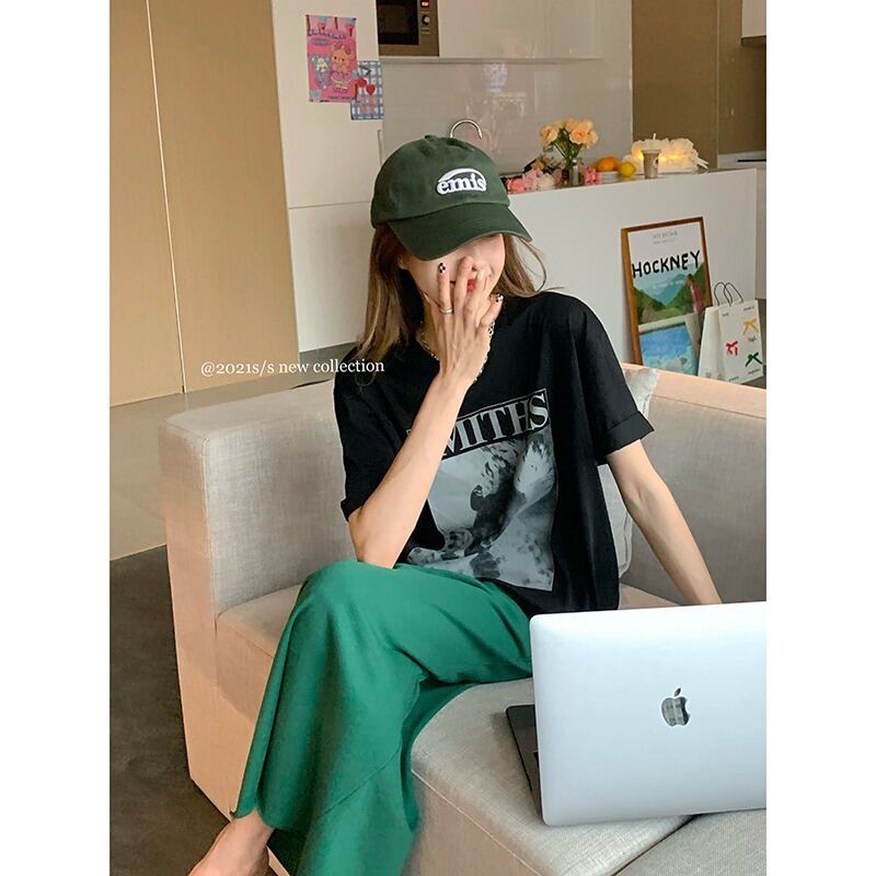 レッドカジュアルTシャツ サマールーズラウンドネックプリントトップス 夏物 Oネック モンロー14895326363