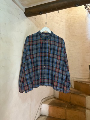 ICHI ANTIQUINTÉS | COTTON LINEN TARTAN CHECK WIDE SILHOUETTE SHIRT-gray