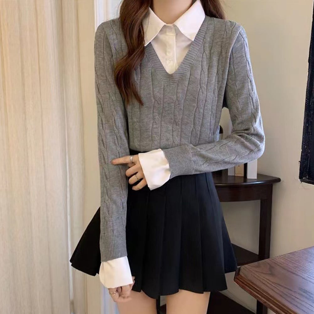 レイヤード風 ニット トップス レディース 春秋冬 韓国 重ね着 長袖 おしゃれ 大人 かわいい カジュアル シャツニット ブラウス 大人可愛い 大人女子