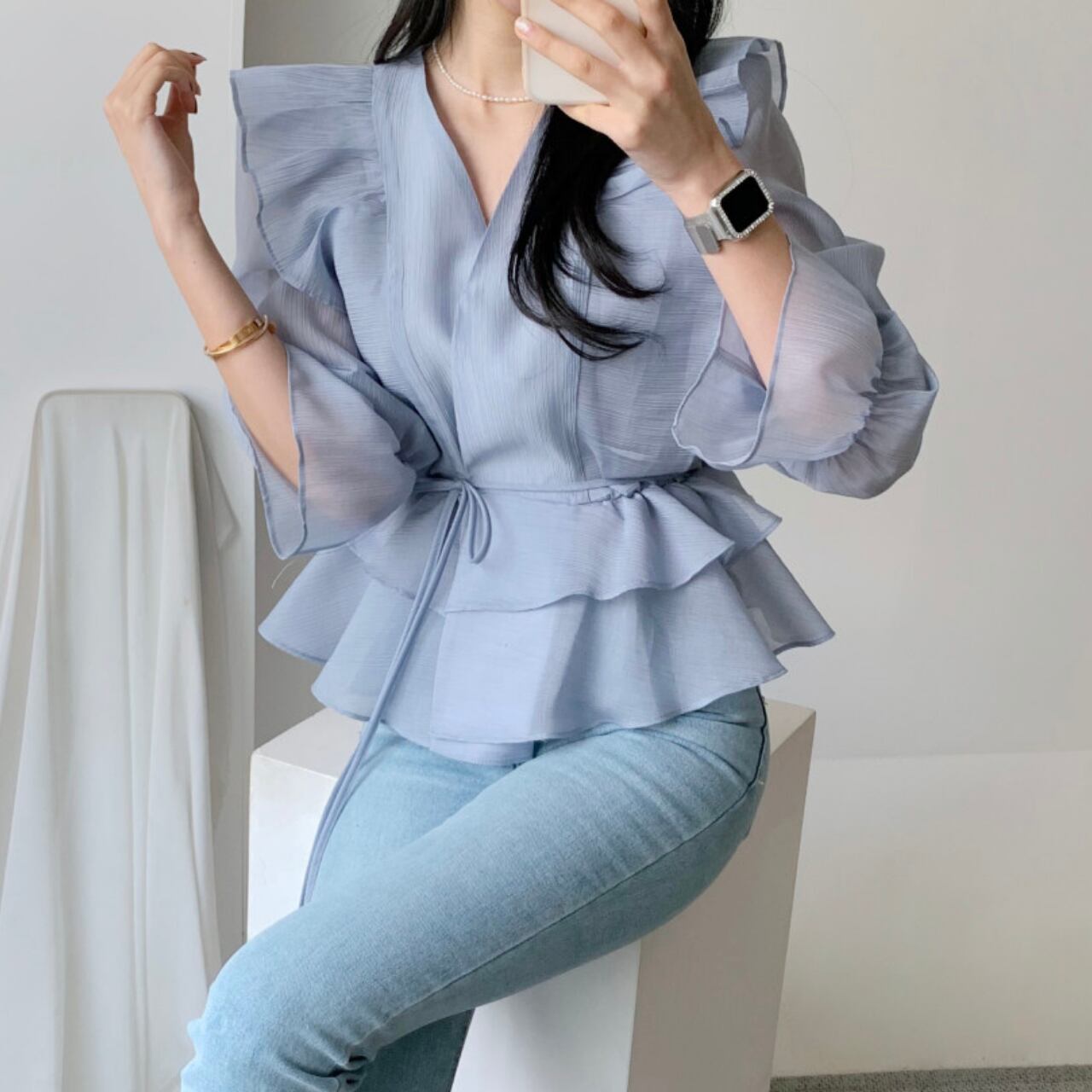 Vネック レースアップ フリル ブラウス-ブルー