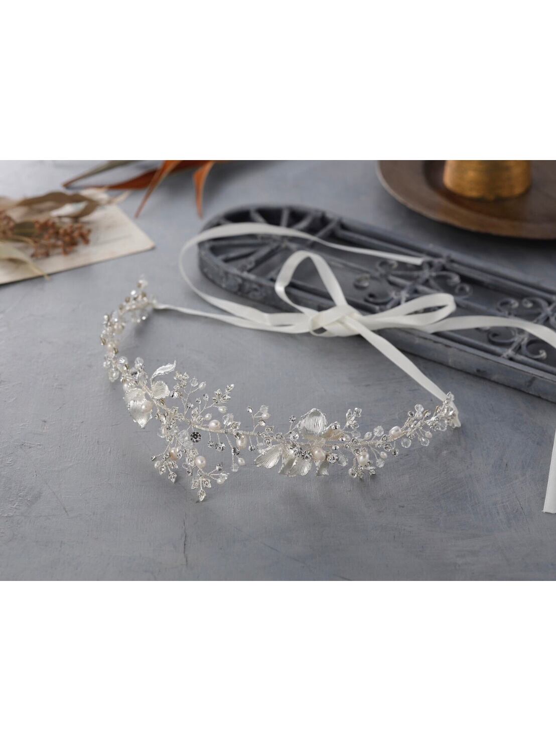 【フラワー小枝ビジュ シルバー】バックカチューシャ 袴 振袖 成人式 ヘアドレス カチューシャ k-0029