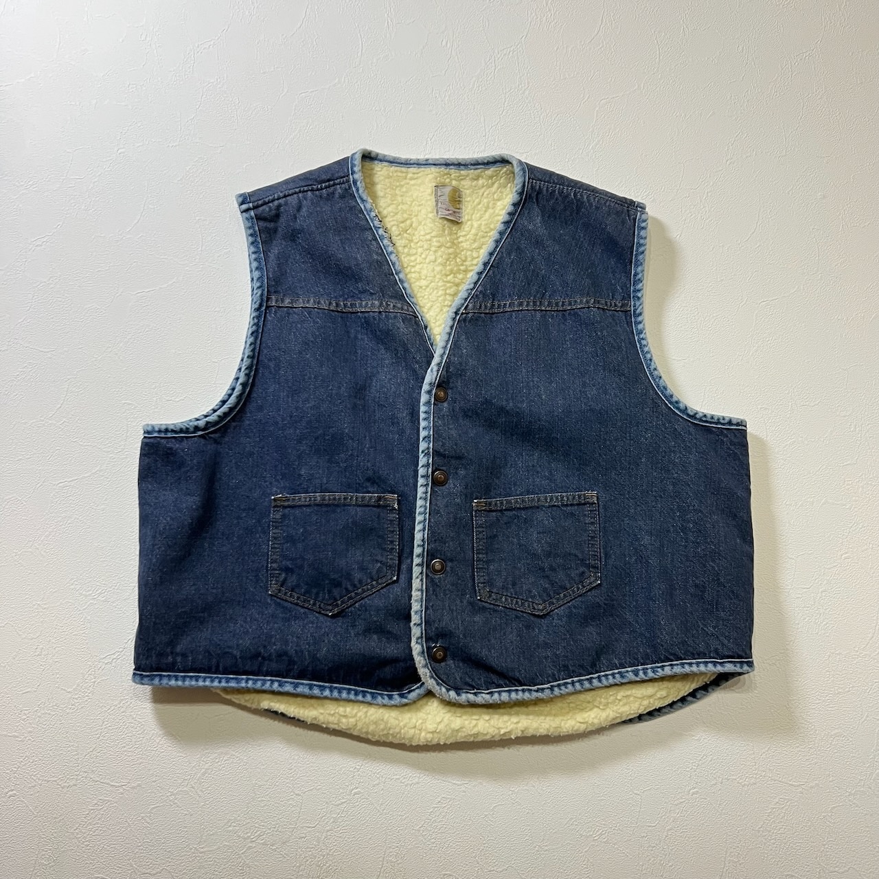 70s Carhartt 裏地ボア デニム リペア跡 ボロ ベスト カーハート ネイビー XXL 古着