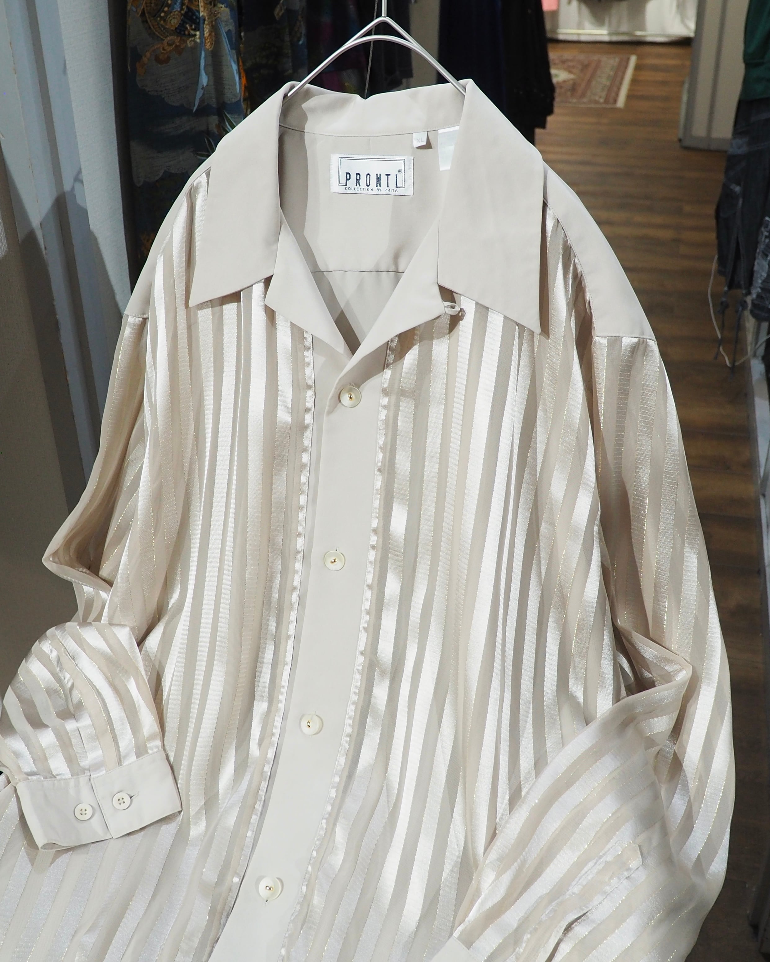 1990s " PRONTI " Sheer stripe Design vintage Drape loose Open collar Shirt