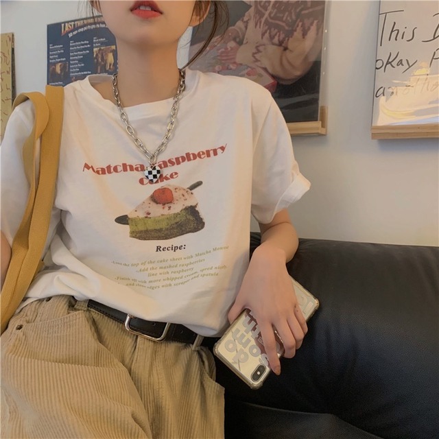 【韓国通販 dgo】オフホワイト 抹茶ケーキ プリント Tシャツ(W3541）