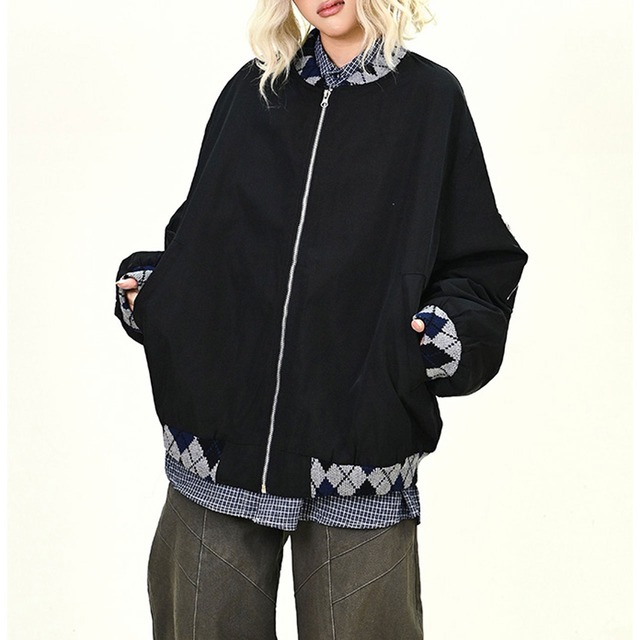 アーガイルアクセントカジュアルブルゾン 2col   R01134