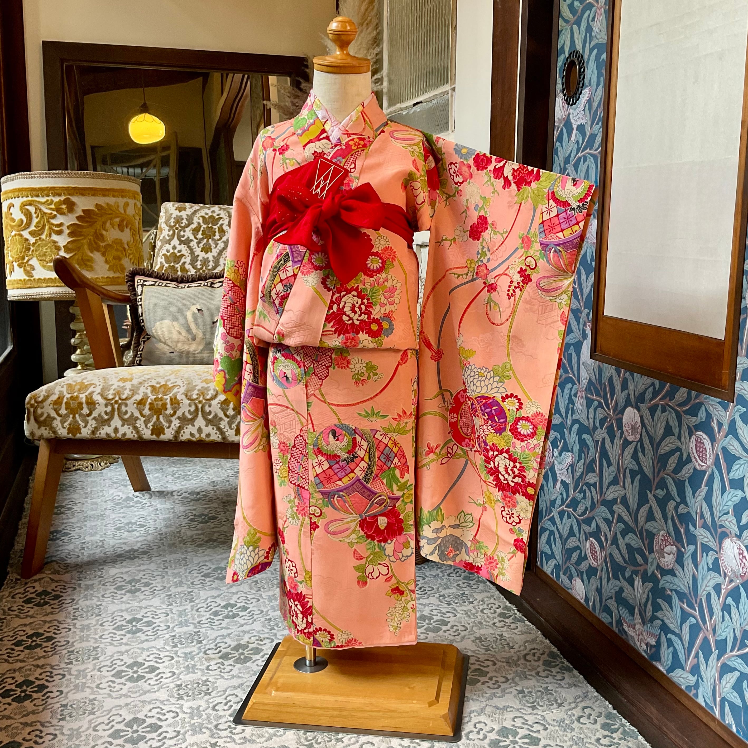 花鼓の舞＊三歳 七五三＊フラミンゴピンク 牡丹 鼓 扇 アンティーク