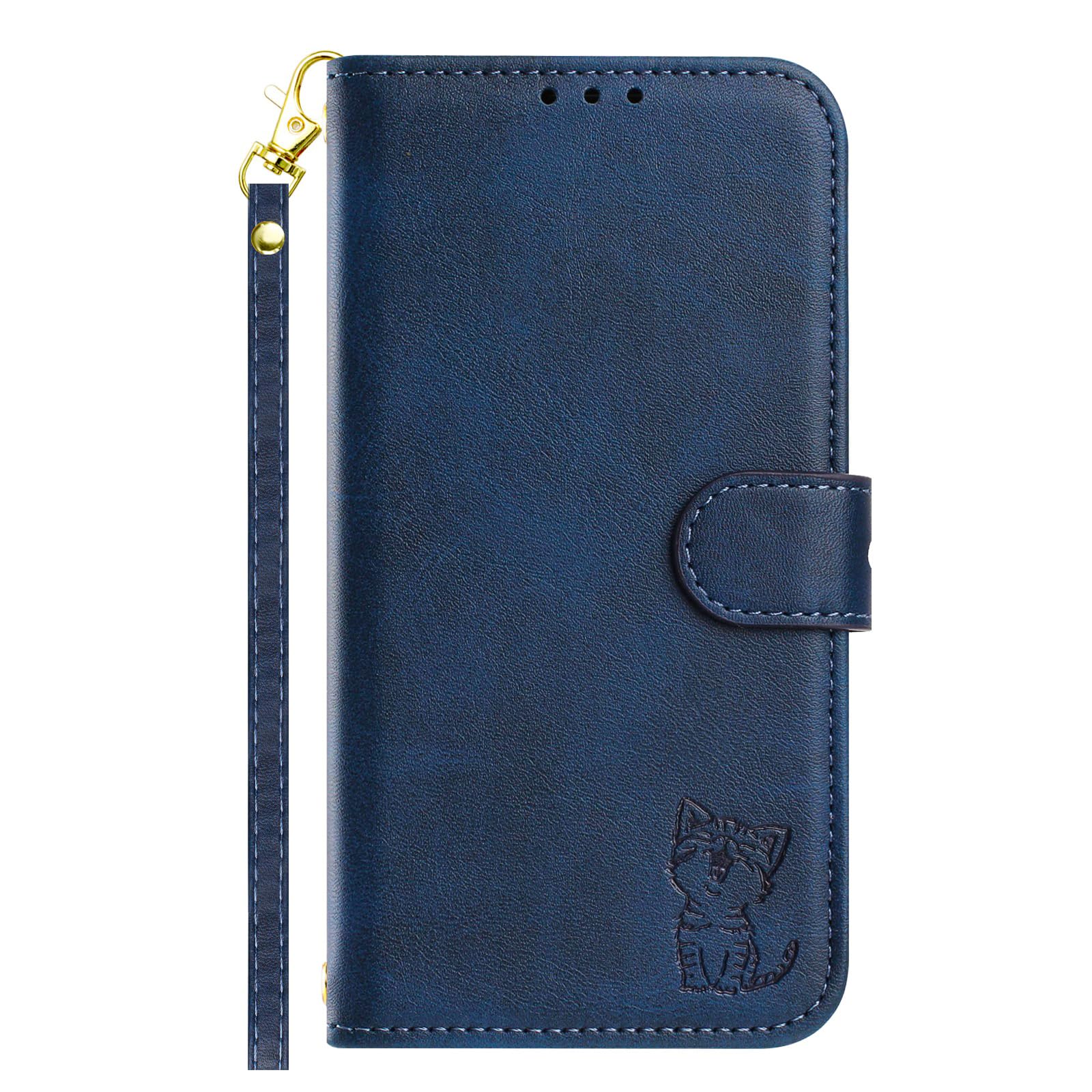 SENNWAK 適用するiPhone 17ケース 手帳型 適用アイフォン17用ケース case ネコちゃん ストラップ付き スタンド機能 ネイビー