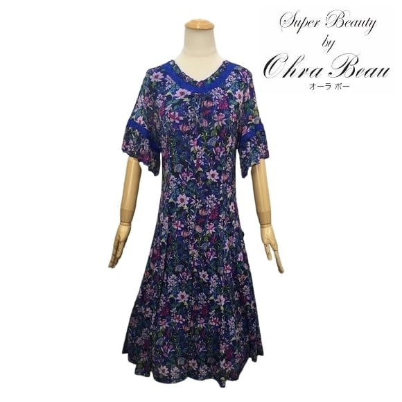 スーパービューティー ワンピース 花柄 パワーネット 2516050 ブルー 2025年春夏 オーラボー 大人かわいい服 大人スタイル キレイメ Super Beauty レディース アパレル 女性 M L LL 30代 40代 50代 60代
