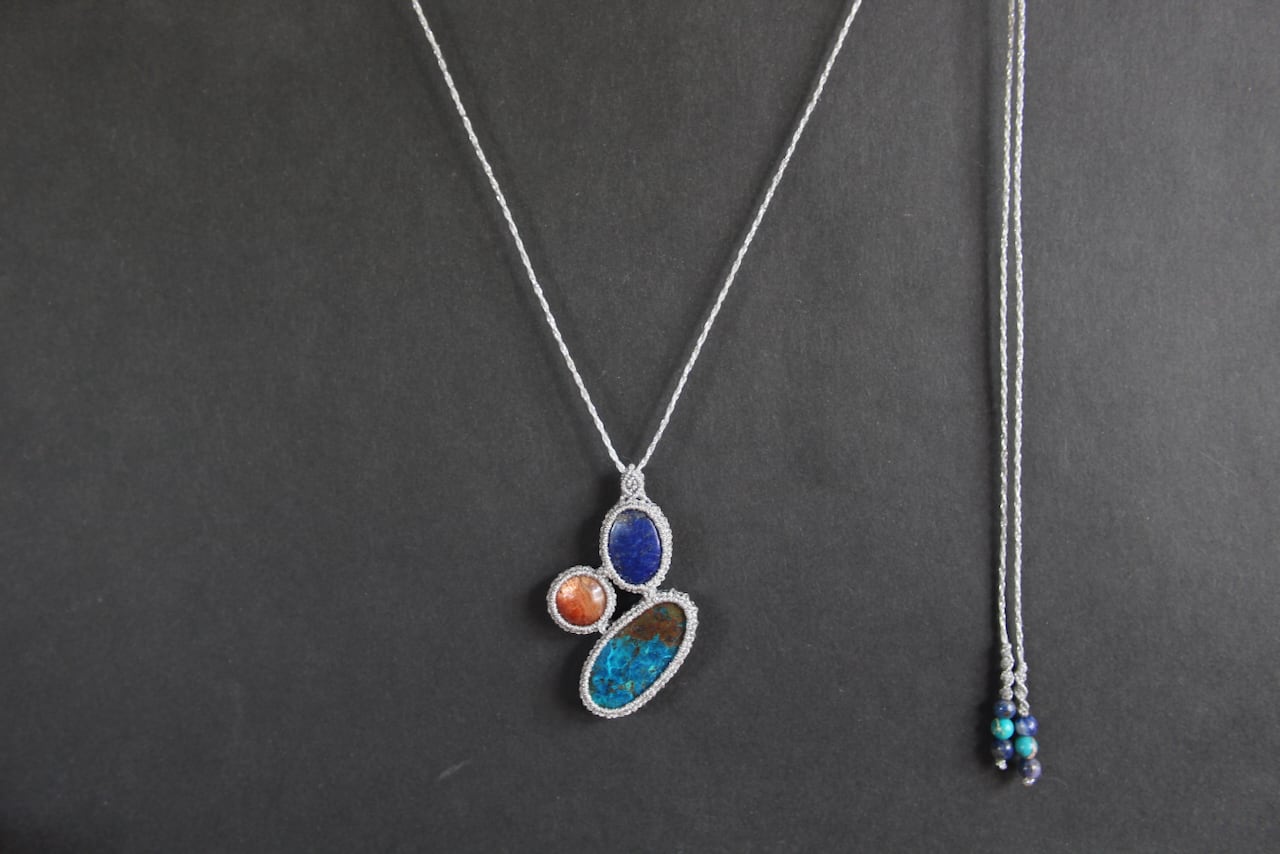 Chrysocolla malachite & Sunstone & Lapis lazuli micro macrame pendant