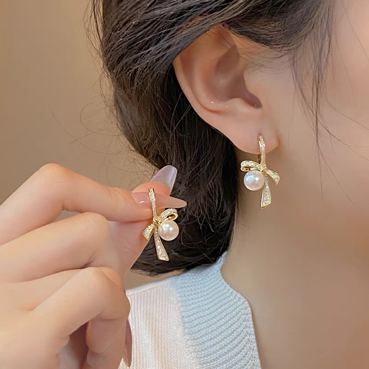 Anne Klein イミテーションパール リボン ドロップ ピアス ribbon knot pearl pierce リボンノットパールピアス | Jewel Mii