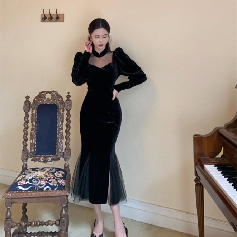 ワンピース ロングドレス 黒 パーティードレス チャイナ風 ベルベット
