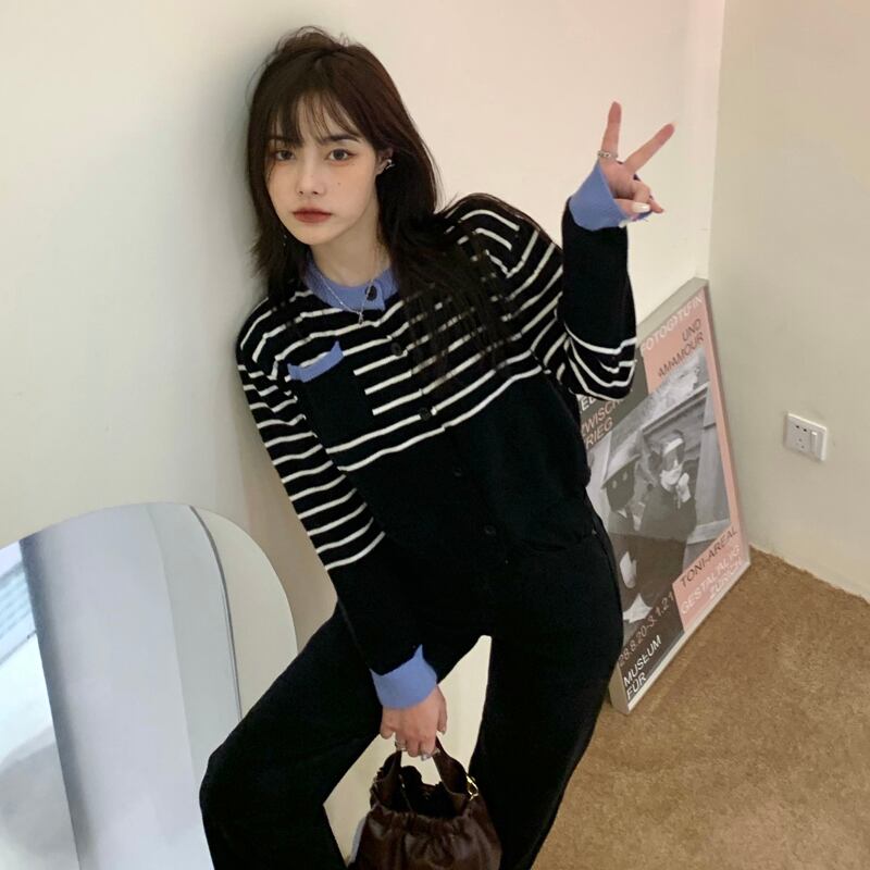 カラーストライプセーター レディースショートルーズカーディガンジャケット オータムトップス 秋物 ブラックストロベリース14216675709