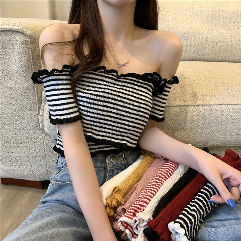 サマーショートニットTシャツ トップス 夏物 オフショルダー ヨーロピアン YY-ファッション61898959668