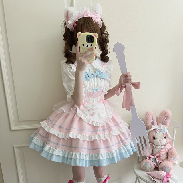 フレンチメイド セットアップ 夢かわいい メイド服 カチューシャ 半袖ブラウス ジャンパースカート メイド服 フリル エプロン