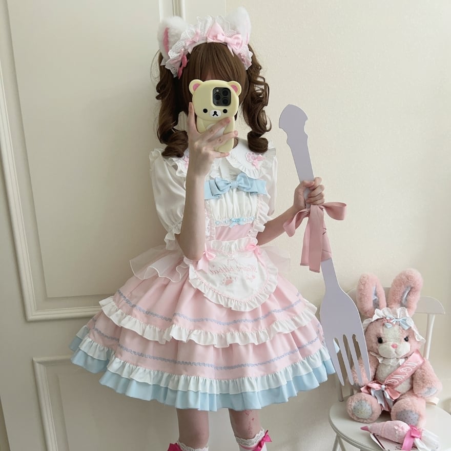 フレンチメイド セットアップ 夢かわいい メイド服 カチューシャ 半袖ブラウス ジャンパースカート メイド服 フリル エプロン