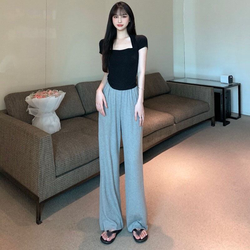 サマーカラースタンダードスリムフィット半袖スリーブグレーウェストパンツ レディース ショート レトロ ハーフスリーブ 夏物 スクウェア YY-ファッション47527618224