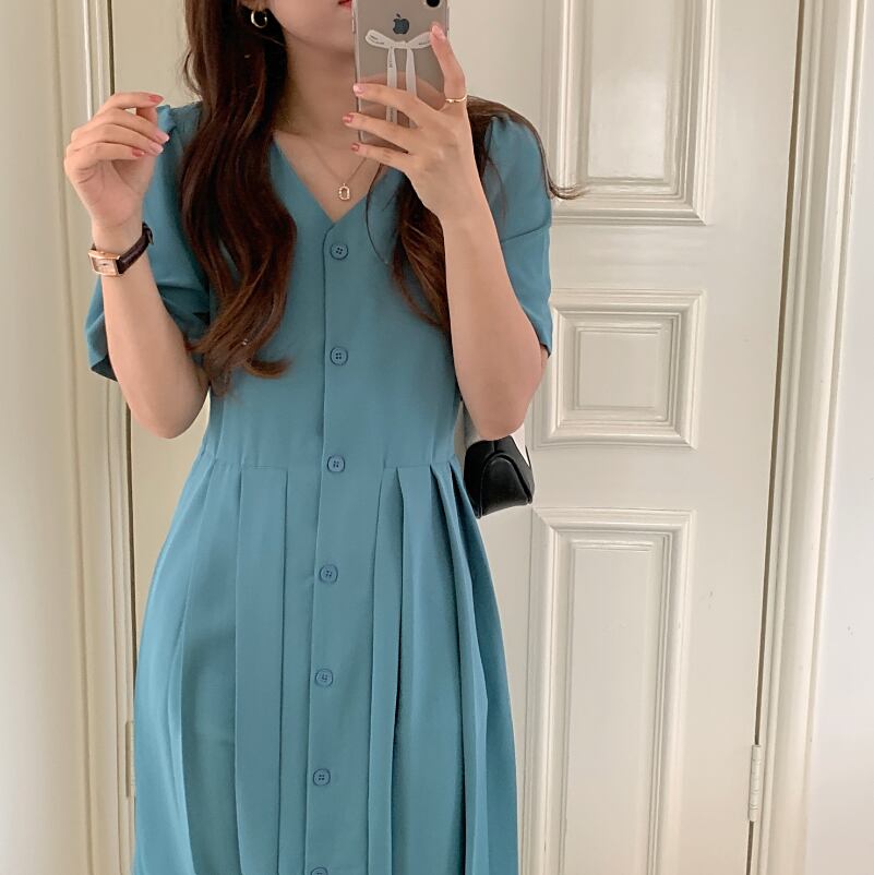 ワンピース レディース 2色 ロングワンピース ロング ロング丈 半袖 Vネック プリーツ かわいい 大人可愛い 上品 エレガント 清楚 フェミニン おしゃれ お洒落 綺麗 おとな ナチュラル こなれ感 レトロ 抜け感 華やか 爽やか 主役級 存在感 無地 OL 通勤 学生 通学 デート お出かけ 女子会 休日 街歩き お買い物 S M L ブルー ワインレッド 夏 20代 30代 40代 韓国 韓国系 着回し 普段使い プレゼント ファッション モテ 送料無料