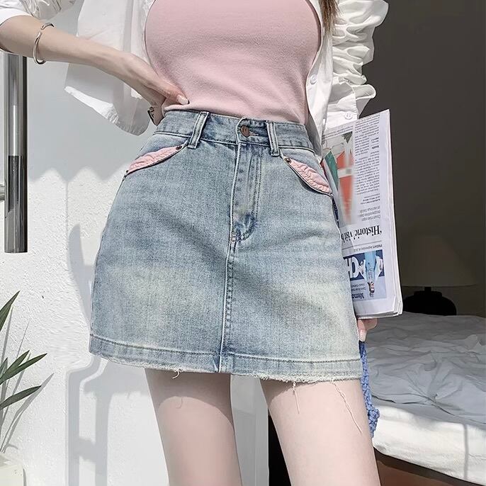 スカート デニム ミニ丈 Aライン 台形 韓国ファッション レディース かわいい おしゃれ カジュアル ガーリー 夏 お出かけ ハイウエスト 脚長効果 美脚効果