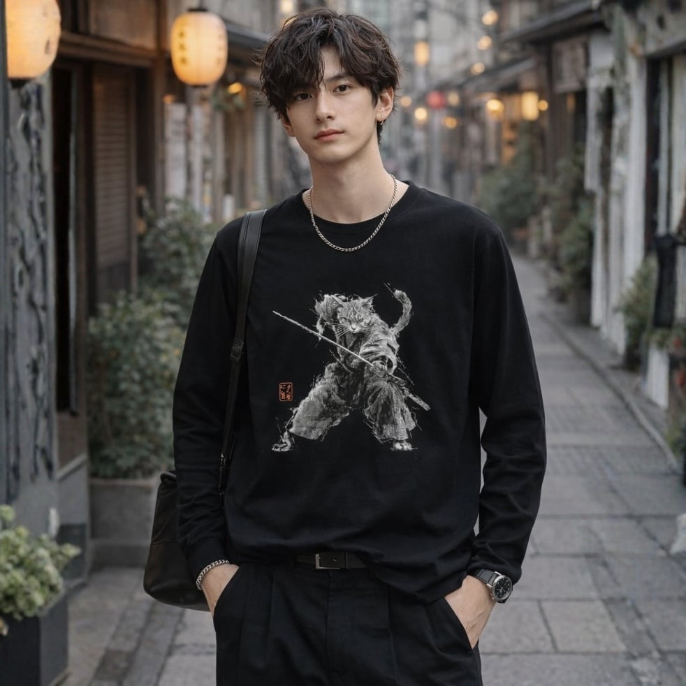 「斬り結ぶ猫 ― 江戸墨線アート」長袖Tシャツ リブ付 /""Cat Fighting - Edo Ink Line Japanese Art Apparel Rib