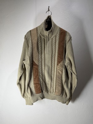 Euro mole knit × faux suede half zip sweater