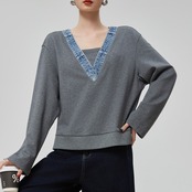 Vネックデニム切替スウェット H0027