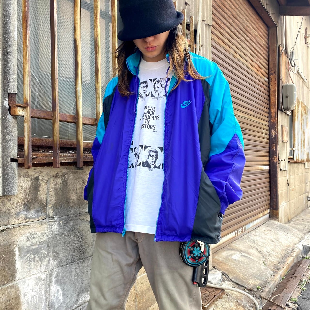 90年代 銀タグ Nike ナイキ マルチ切り替え ナイロンジャケット メンズl 古着 90s ヴィンテージ ビンテージ マルチカラー パープル ブラック エメラルドグリーン ナイロンジャケット Cave 古着屋 公式 古着通販サイト