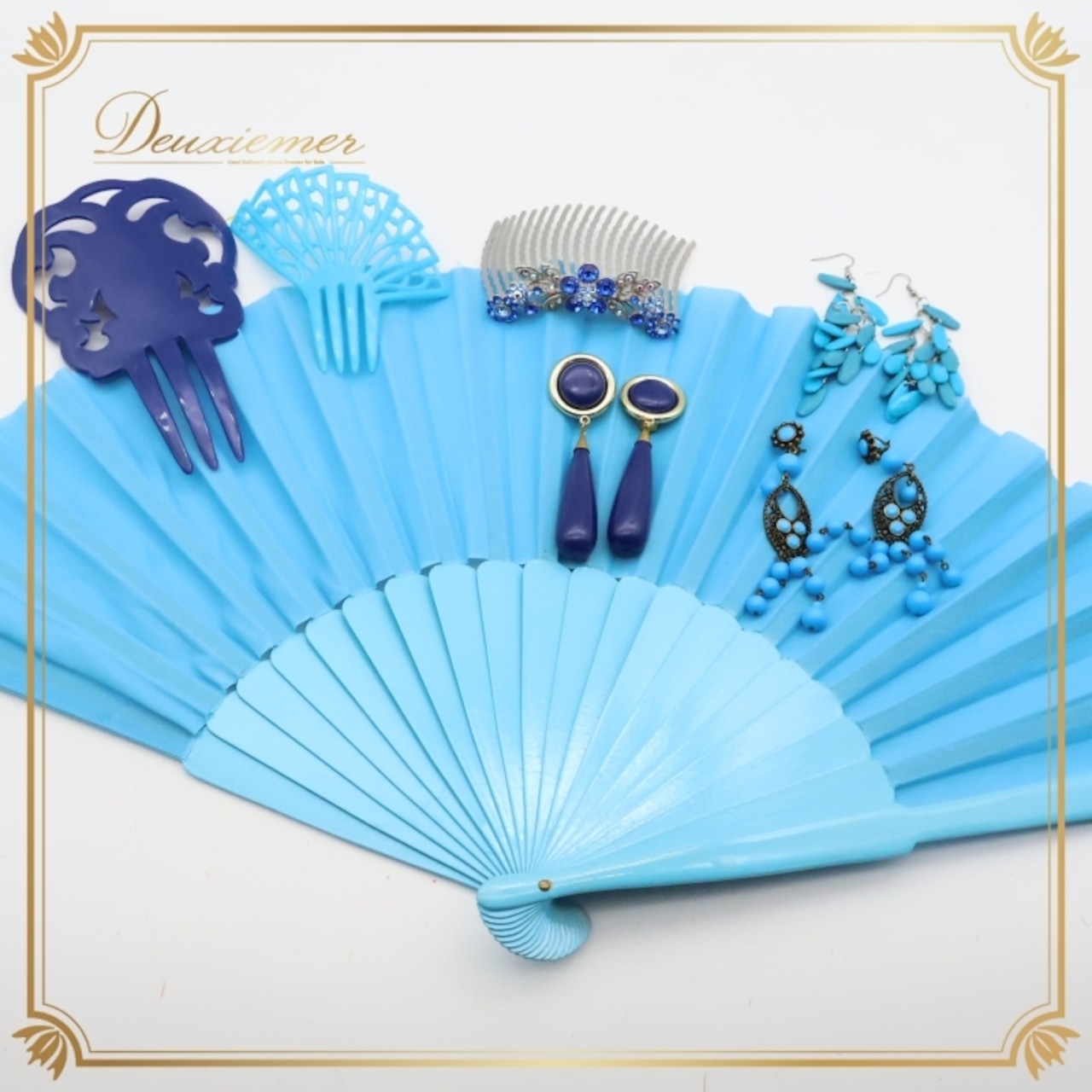 フラメンコ 小物 小道具 アバニコ ペイネタ ピアス イヤリング 扇子 ラメ アクセサリー まとめ売り セット ブルー系 水色 青 舞台 イベント 発表会 アクセサリーセット ダンス小道具 フラメンコ衣装 アバニコセット おしゃれ パーティー